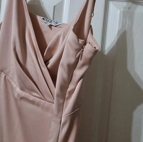 NWOT Studio 19 Y2K Blush Pink Satin Mini Slip Dress/Tunic, Pleated Wrap Neckline - Picture 8 of 12